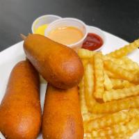 Corn Dog With Fries (Combo)
 · 3 Jumbo Corndogs With a side of fries and cheese wiz, ketchup, mayonnaise and mustard.