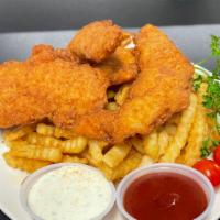 Fish And Chips · 4 pz. of breaded fish filet with a side of French Fries and dipping sauce.