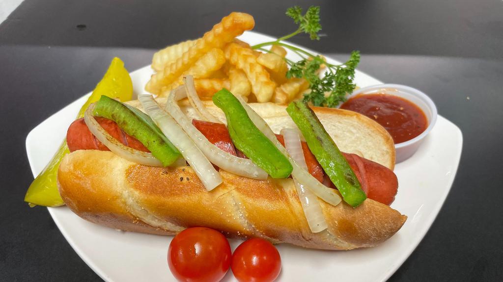 Polish Hot Dog · Grilled onion, Bell pepper and yellow mustard.