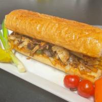 Chicken Cheese Philly (Sandwich)
 · Chicken Philly sandwich served with Grilled onion, bell peppers, mushrooms and Swiss cheese.