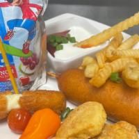 Kids Meal (Combo) · Juice box 1 jumbo corn dog, 4 pieces chicken nugget 2 pieces mozzarella sticks and a side of...