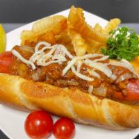 Chili Dog With Fries (Combo)
 · 1/4 Beef hot dog with chili meat sauce with grilled onions and a side of fries.