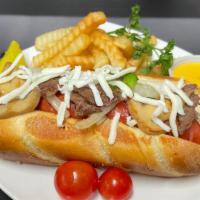 Philly Cheese Dog With Fries (Combo) · 1/4 beef hotdog grilled with onions, green peppers and mushrooms Swiss cheese and a side of ...
