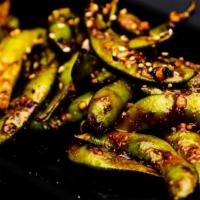 Spicy Garlic Edamame · Stir fried soybeans with garlic and chili pepper