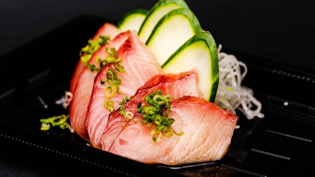 White Fish Sashimi · This item may contain raw or undercooked ingredients or may be cooked to order. Consuming raw or undercooked meats, poultry, seafood, shellfish, or eggs may increase risk of your food borne illness.