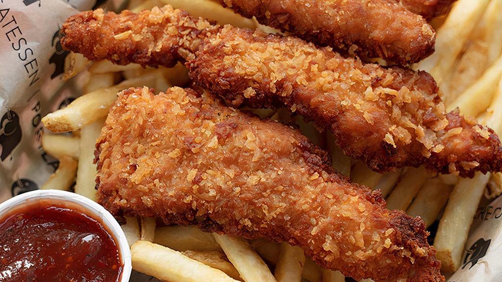 Chicken Strips · Crispy battered chicken served with fries, chipotle BBQ sauce, and garlic ranch dip