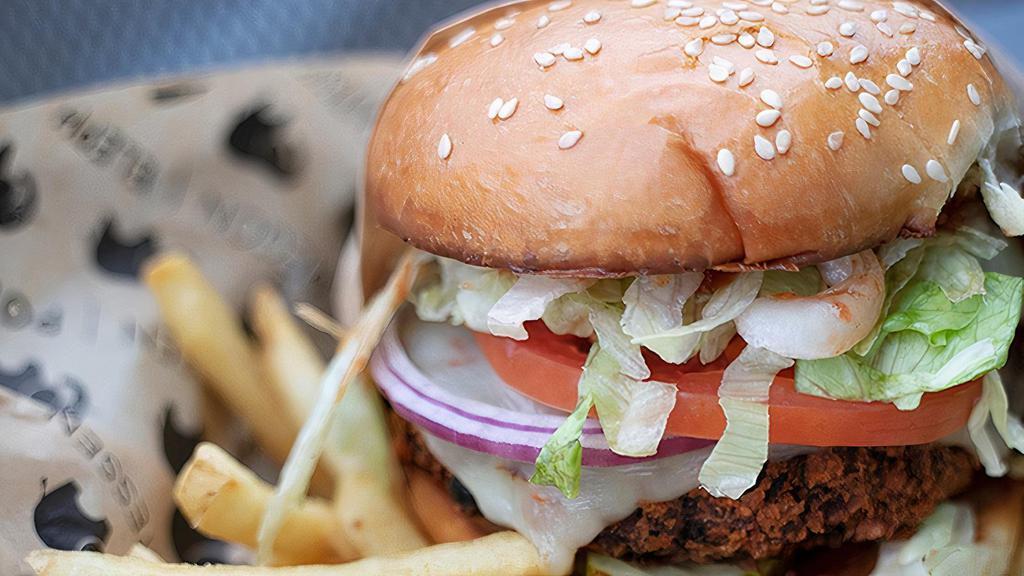 Black Bean Burger · (vegetarian) House-made black bean burger, pepper jack cheese, chipotle BBQ sauce, lettuce, pickles, and onion on our sesame seed bun; served with fries