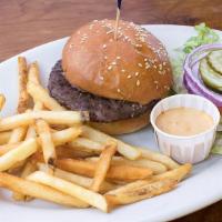 Hamburger · Angus beef, burger sauce, lettuce, onion, and pickles on our sesame seed bun; served with fr...