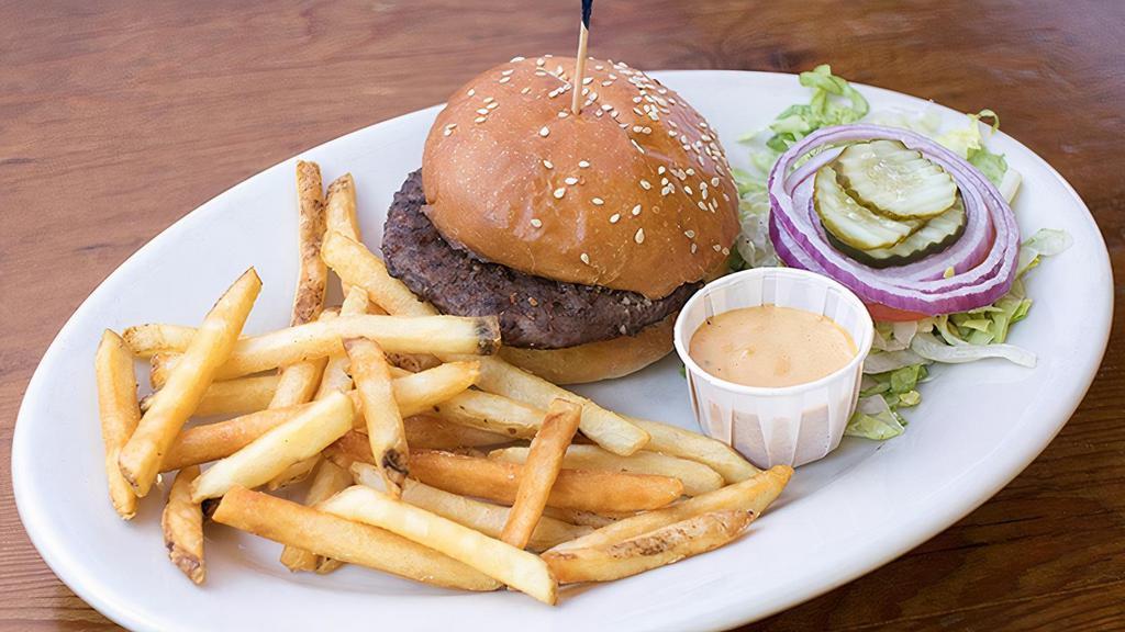 Hamburger · Angus beef, burger sauce, lettuce, onion, and pickles on our sesame seed bun; served with fries
