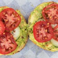 Avocado · Everything Bagel + Avocado Mashed & Seasoned + Cucumber + Tomato +Lemon+red Pepper Flakes + ...