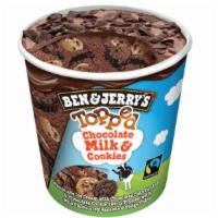 Topped Chocolate Milk & Cookies Ben & Jerry'S Ice Cream Pint · Chocolate Ice Cream with Chocolate Chip Cookies & Chocolate Cookie Swirls Topped with Milk C...