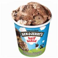 Half Baked® Ben & Jerry'S Ice Cream Pint · Chocolate & Vanilla Ice Creams mixed with Gobs of Chocolate Chip Cookie Dough & Fudge Brownies