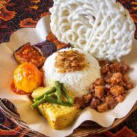 Nasi Campur · Rice with all of the following: Telor terong balado (deep fried hard boiled egg and chinese ...