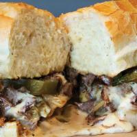  ◊◊ Double Diamond Double Cheese Steak · Grilled steak, sautéed green peppers, sautéed onions, American cheese and house made Queso