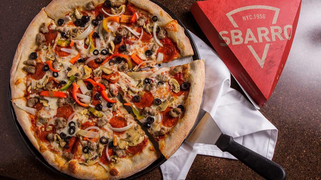 Ny Supreme · Pepperoni, Sausage, Mushroom, Yellow onion, Green/Red peppers, and olives