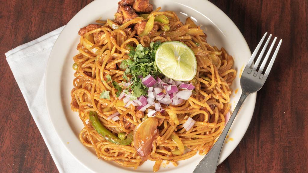 Chowmein · Stir-tired noodles with vegetables(8.99)/chicken(9.99), cooked with masala sauce and sprinkled with cilantro.