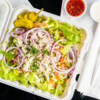 Greek Salad · Lettuce, tomatoes, cucumbers. onions, olives, feta cheese, Greek dressing.
