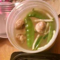 Wonton Soup · with wonton(pork), snow peas, mushroom, carrot, zucchini, and shrimp