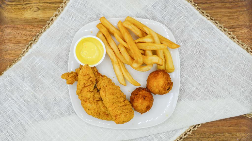 Kids' Chicken Tenders Meal · Two seasoned and breaded chicken tenders, with a choice of one side, drink.