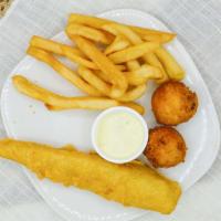 Kids' Batter Dipped Fish Meal · One piece of our famous batter dipped fish served with a choice of one side, drink.