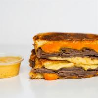 Roast Beef & Three Cheese Melt · Roast Beef, Cheddar, Swiss, and Parmesan cheeses melted between buttery, toasted sourdough b...