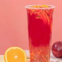 24Oz Hibiscus Passsion Fruit Tea 百香蜂蜜洛神花茶  · House brewed hibiscus tea, honey, passionfruit syrup, lychee jelly