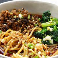 Dan Dan Noodles / 四川担担面 · Minced pork, ground peanuts, Thai chilies, scallion, simple greens, spicy peanut-sesame dres...