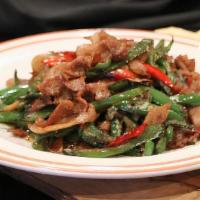 Country Stir-Fried / 农家小炒 · Sliced pork belly, julienne jalapeno peppers, bird's eye chilies, spicy brown sauce.