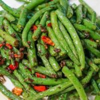 Sichuan String Beans / 干煸四季豆 · Fiery dried chilies, ground pork, Sichuan preserves, hot peppercorn sauce.