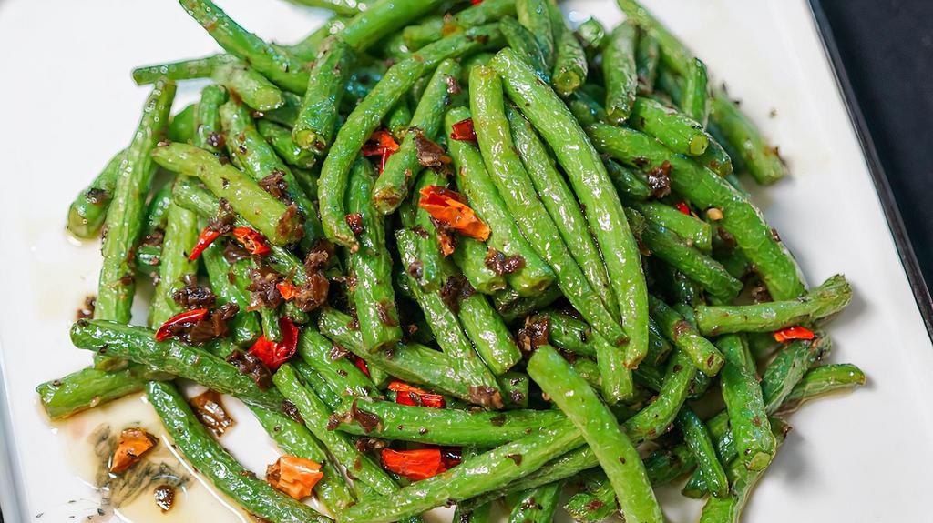 Sichuan String Beans / 干煸四季豆 · Fiery dried chilies, ground pork, Sichuan preserves, hot peppercorn sauce.