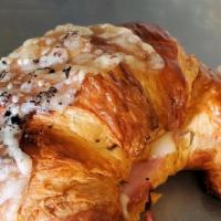 Ham And Swiss Croissant · The classic french pastry filled with mild swiss, garlic butter spread, sliced ham and a sav...