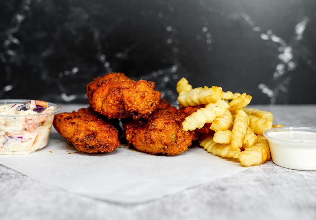 3 Jumbo Hot Tender Combo · 3 of our famous, jumbo, hand-breaded chicken tenders drenched in Nashville Hot Sauce. Served with French Fries, Coleslaw, and choice of a side of our famous Special Sauce or Homemade Ranch Dressing