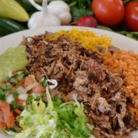 #11. Carnitas Plate · Pork, Guacamole and Pico . Comes with Rice and Beans