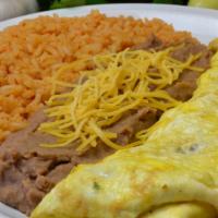 Breakfast Omelette Breakfast Platter · Served with 2 eggs, tortilla, rice, and beans.