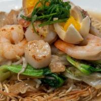 Seafood Pan Fried Noodle · House-made noodle, scallop, shrimp, napa, bok choy, bamboo, scallion.