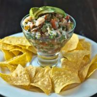 *Ceviche · Camarones cooked in fresh lime juice with onions, tomatoes, jalapeños, cilantro and fresh av...