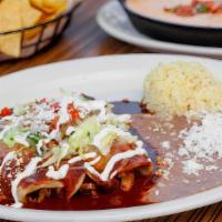 Shrimp Enchiladas · Three corn tortillas filled with camerones. Smothered with up to 2 of  any of our four sauce...