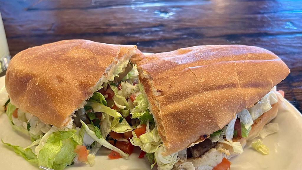 Torta Sandwich · Mexican bread filled with your choice of 
carne asada, carnitas, al pastor, chicken tinga or lengua, with lettuce, pico de gallo, mayonnaise and sliced avocado. Add Lengua, + $2.00.
