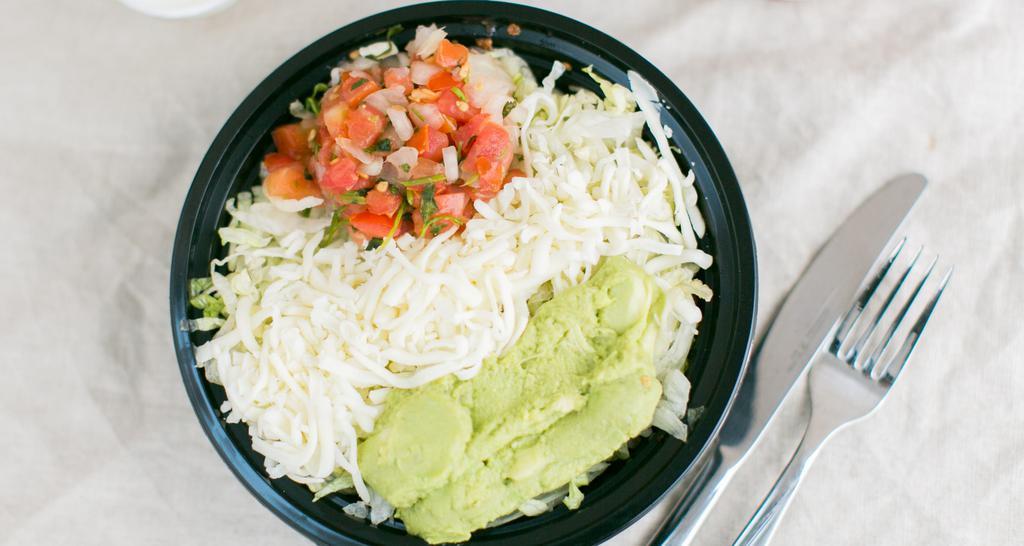 Burrito Bowl · In a bowl, your favorite choice of meat, rice, black beans, lettuce, cheese, pico de gallo, guacamole, sheered cheese and salsa.