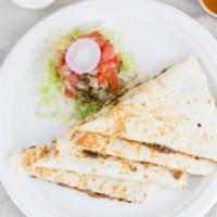 Quesadilla · Large 13 inch flour tortilla filled with cheese, your favorite choice of meat than lettuce, ...