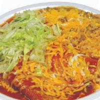 Cheese Enchiladas · 2 cheese, beef, chicken enchiladas topped with lettuce, rice, and beans.