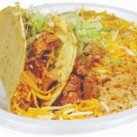 Beef Taco & Cheese Enchilada · Beef taco with lettuce and cheese, cheese enchilada topped with lettuce, with rice and beans.