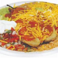 Chile Relleno Plate · 2 chile rellenos filled with cheese, smothered in enchilada sauce, pico gallo, guacamole, so...