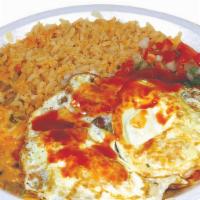 3 Huevos Rancheros · 3 fried eggs, pico de gallo, salsa enchilada, cheese, rice and beans. 1 flour tortilla.