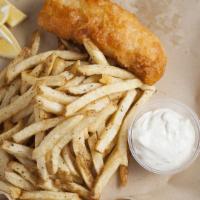 Fish N' Chips · Beer battered haddock, house tartar and french fries.