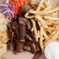 Gyro Platter · All separate, shaved gyro (beef lamb mix), tomatoes, red onions, grilled pita pieces and fre...