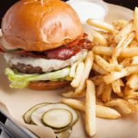 Sure Thing Burger · Half pound ground chuck patty, swiss, bacon, house pickles, guacamole and chipotle ranch.
