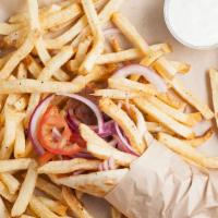 Old Country Gyro · Shaved gyro (beef lamb mix), tomatoes, red onions, french fries and tzatziki wrapped in gril...