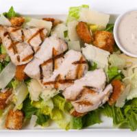 Tossed Chicken Caesar Salad (Gf) · Grilled chicken breast, romaine, Parmesan crisp, cracked black pepper, and Caesar dressing.