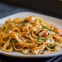 Shrimp N · Famous wok-fried hand-pulled fresh noodles! Shrimp with green cabbage, carrot, onion, and sp...